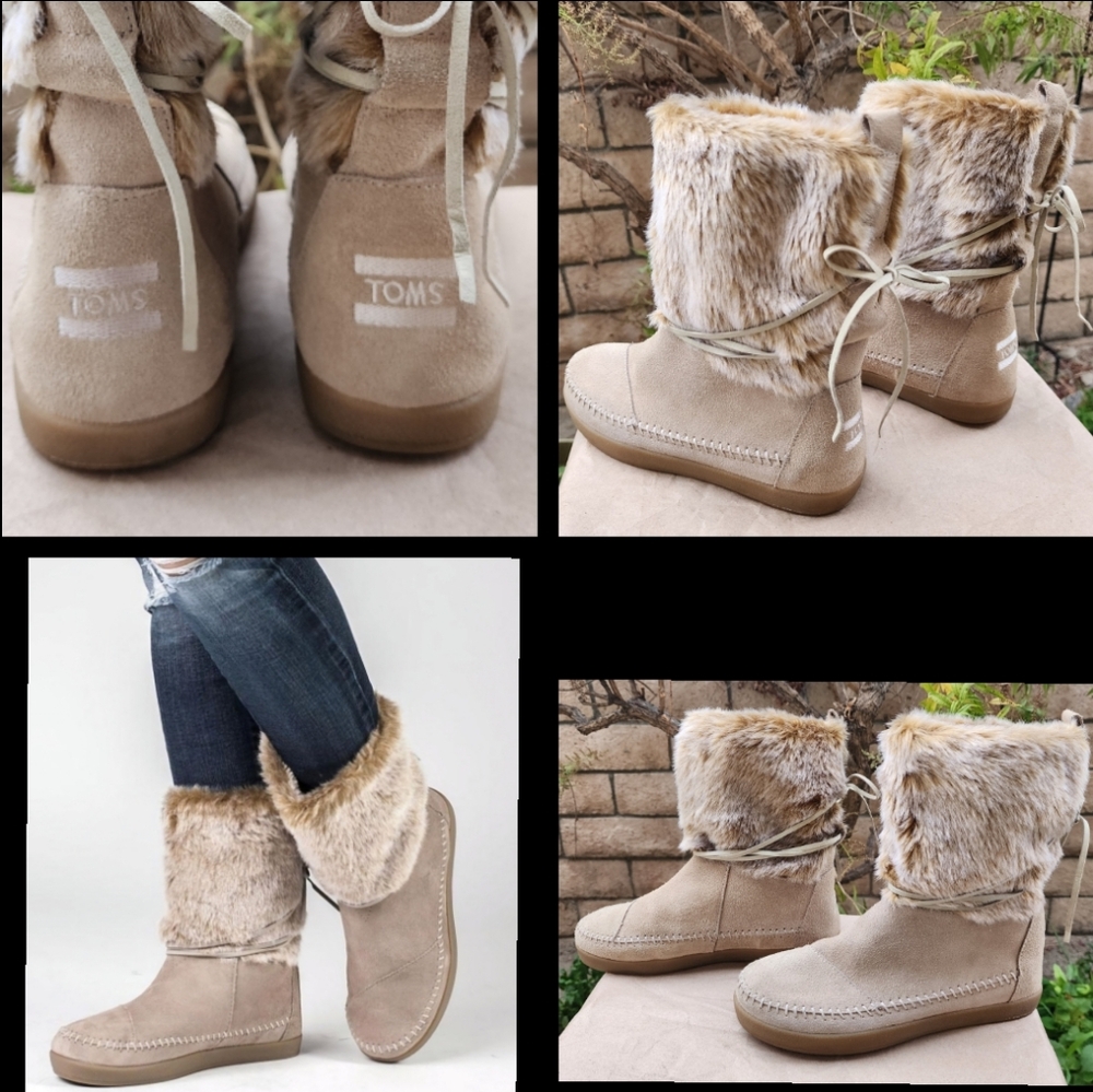 Size 6 TOMS Women Nepal Oxford Tan Suede Faux Fur Mid Calf Boot Shoes